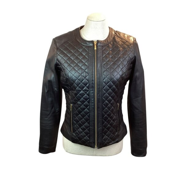 Cole Haan Genuine Lambskin Leather Quilted Zip Jacket Womens Medium Gold-Tone Ha - Picture 4 of 12